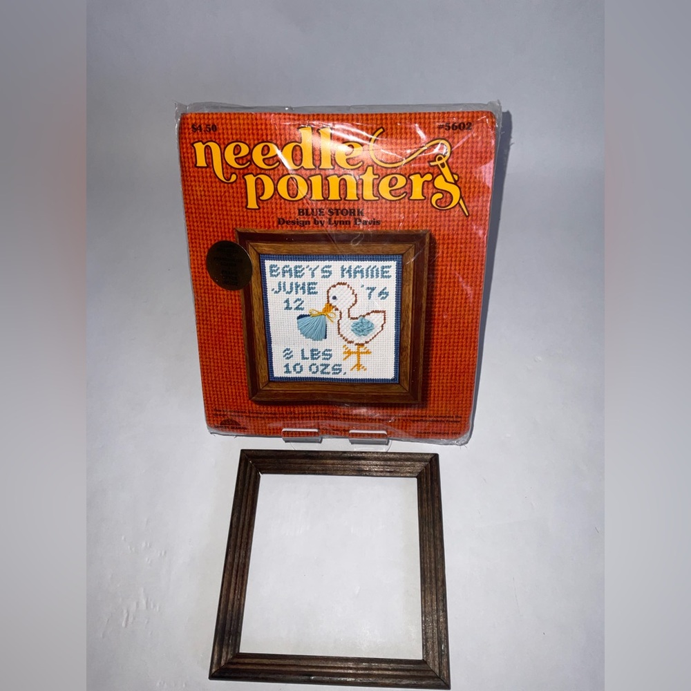 Vtg Sunset Designs Needle Pointers BLUE STORK Needlepoint 1975 Kit #5602 W/Frame